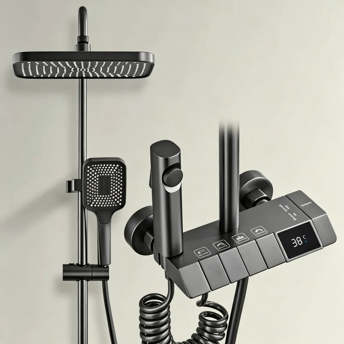 Wall-Mounted High-Flow 4-Function Shower System Faucet Set with Digital Display, Piano Keys, Ambient Lighting, 2-in-1 Handheld Shower Head and Rain Shower Head