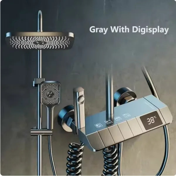 Black Bathroom Shower Faucet Set 4 Functions Digital Display Shower Thermostat Gray Black High Pressure Discharge Copper Taps