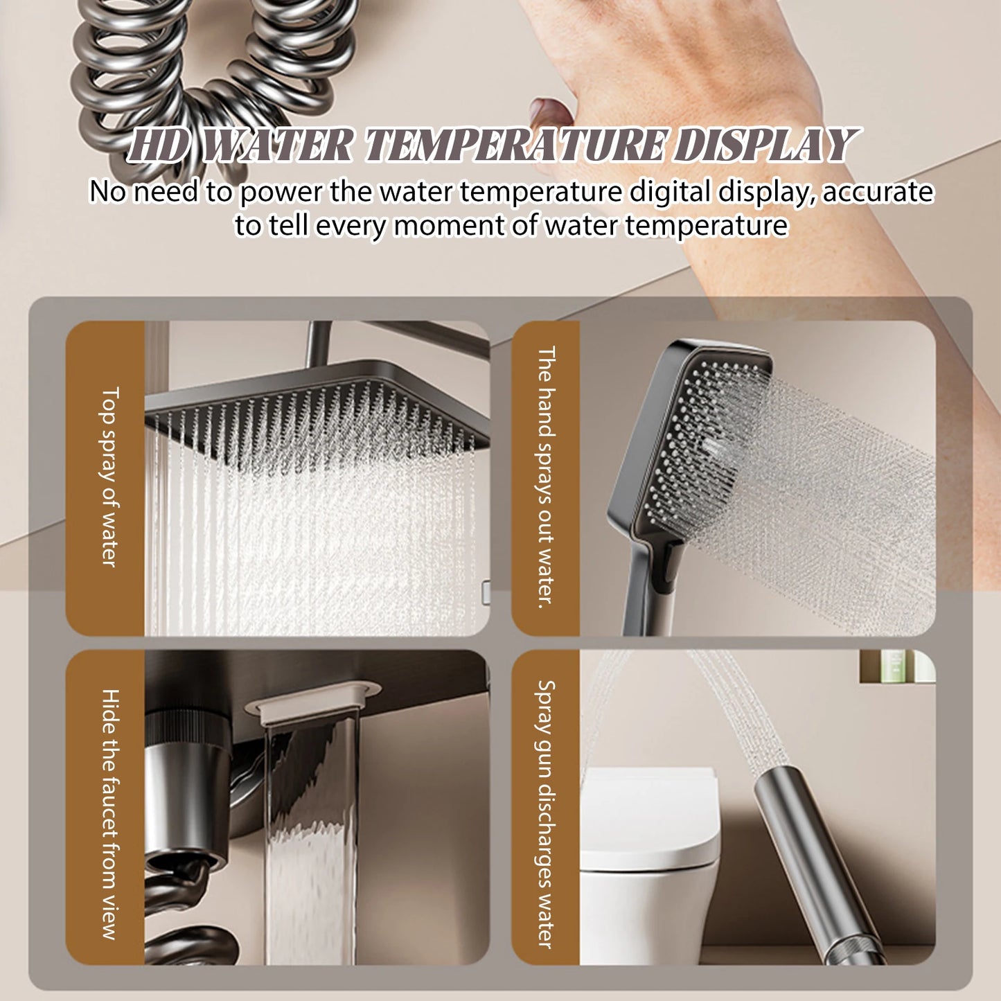 Wall-Mounted High-Flow 4-Function Shower System Faucet Set with Digital Display, Piano Keys, Ambient Lighting, 2-in-1 Handheld Shower Head and Rain Shower Head