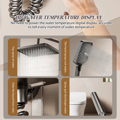 Wall-Mounted High-Flow 4-Function Shower System Faucet Set with Digital Display, Piano Keys, Ambient Lighting, 2-in-1 Handheld Shower Head and Rain Shower Head