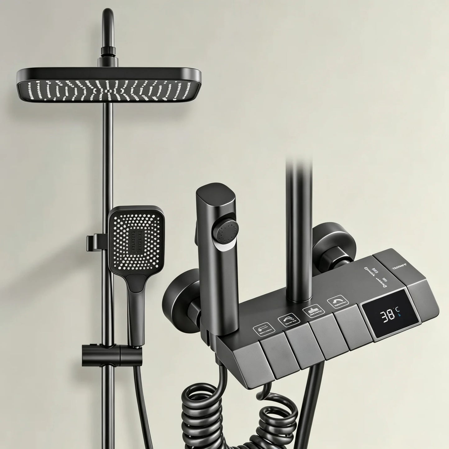 Wall-Mounted High-Flow 4-Function Shower System Faucet Set with Digital Display, Piano Keys, Ambient Lighting, 2-in-1 Handheld Shower Head and Rain Shower Head
