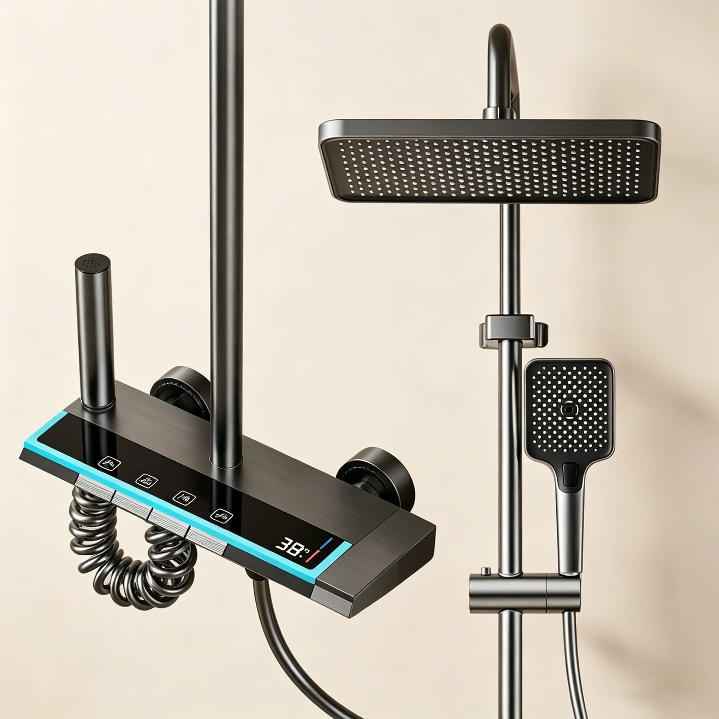 Wall-Mounted High-Flow 4-Function Shower System Faucet Set with Digital Display, Piano Keys, Ambient Lighting, 2-in-1 Handheld Shower Head and Rain Shower Head