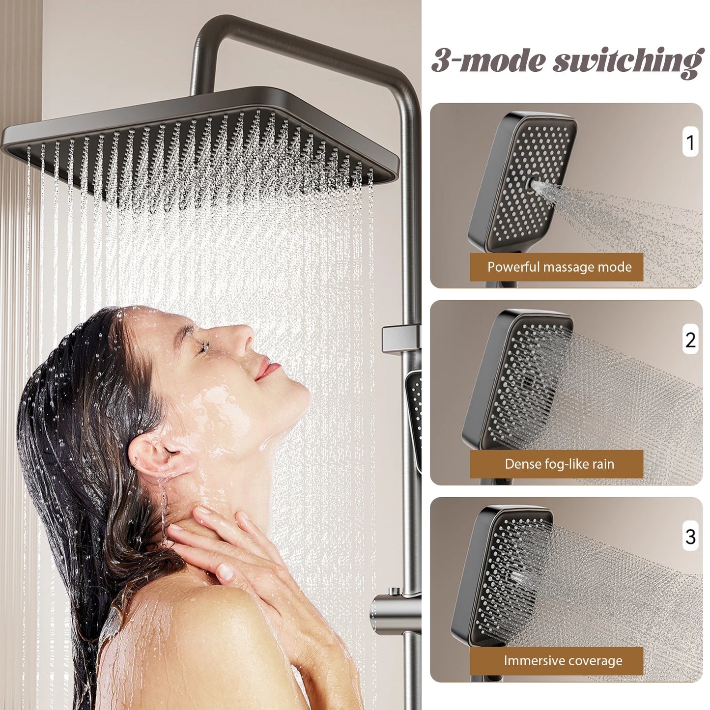 Wall-Mounted High-Flow 4-Function Shower System Faucet Set with Digital Display, Piano Keys, Ambient Lighting, 2-in-1 Handheld Shower Head and Rain Shower Head