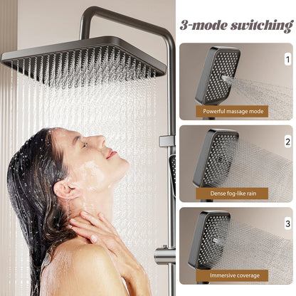 Wall-Mounted High-Flow 4-Function Shower System Faucet Set with Digital Display, Piano Keys, Ambient Lighting, 2-in-1 Handheld Shower Head and Rain Shower Head