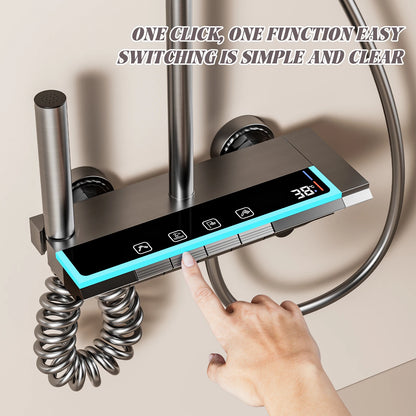 Wall-Mounted High-Flow 4-Function Shower System Faucet Set with Digital Display, Piano Keys, Ambient Lighting, 2-in-1 Handheld Shower Head and Rain Shower Head