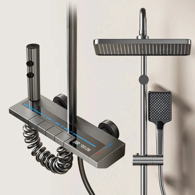Wall-Mounted High-Flow 4-Function Shower System Faucet Set with Digital Display, Piano Keys, Ambient Lighting, 2-in-1 Handheld Shower Head and Rain Shower Head