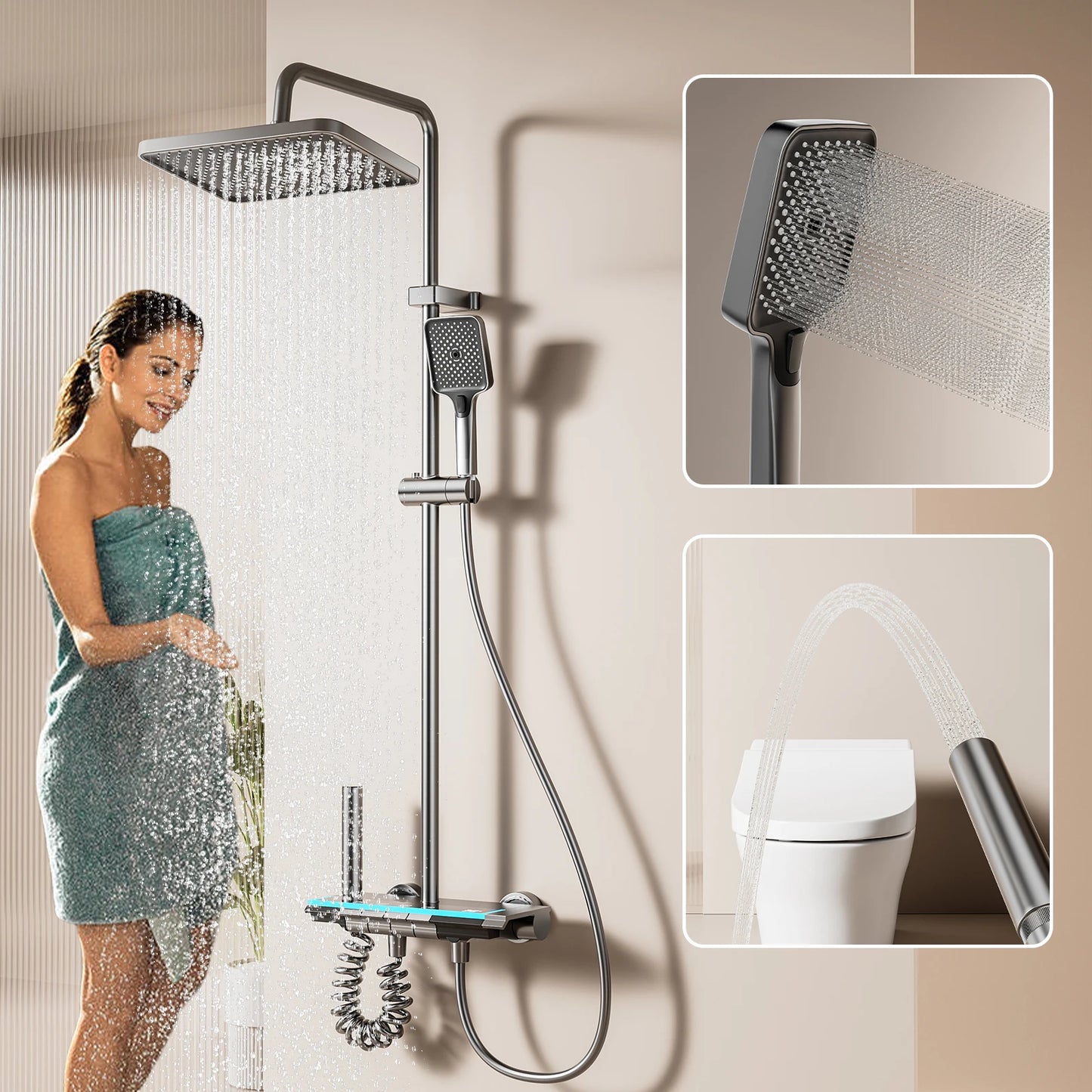 Wall-Mounted High-Flow 4-Function Shower System Faucet Set with Digital Display, Piano Keys, Ambient Lighting, 2-in-1 Handheld Shower Head and Rain Shower Head