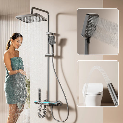 Wall-Mounted High-Flow 4-Function Shower System Faucet Set with Digital Display, Piano Keys, Ambient Lighting, 2-in-1 Handheld Shower Head and Rain Shower Head