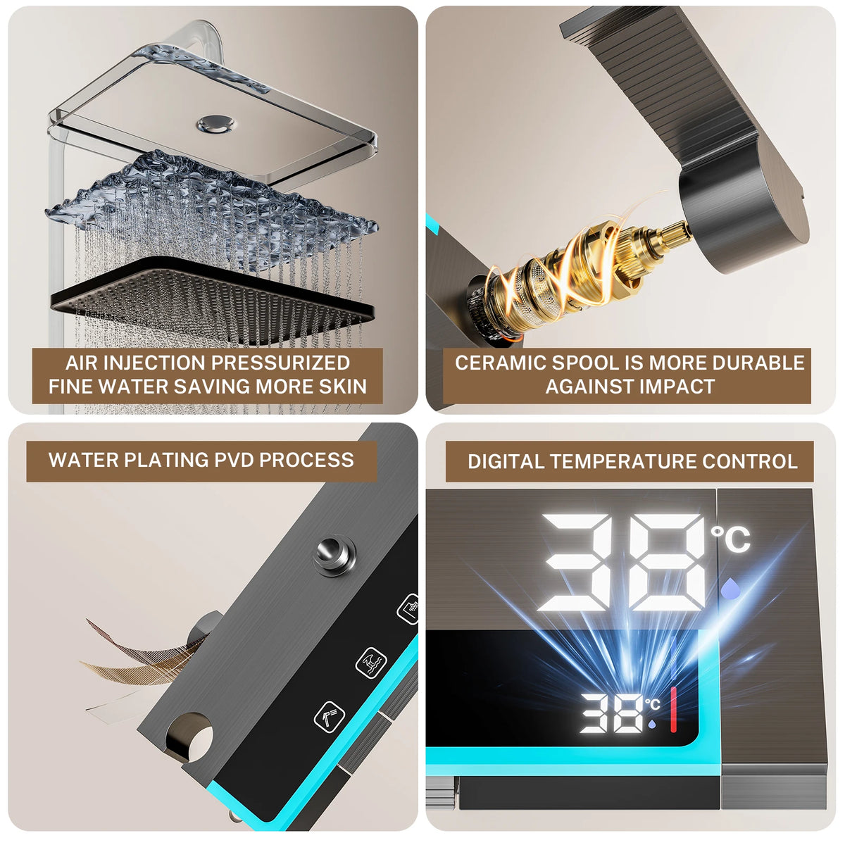 Wall-Mounted High-Flow 4-Function Shower System Faucet Set with Digital Display, Piano Keys, Ambient Lighting, 2-in-1 Handheld Shower Head and Rain Shower Head