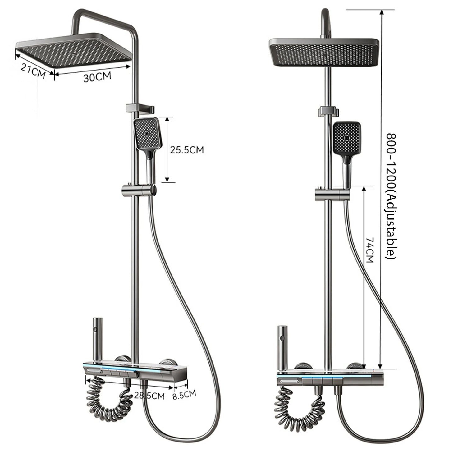 Wall-Mounted High-Flow 4-Function Shower System Faucet Set with Digital Display, Piano Keys, Ambient Lighting, 2-in-1 Handheld Shower Head and Rain Shower Head