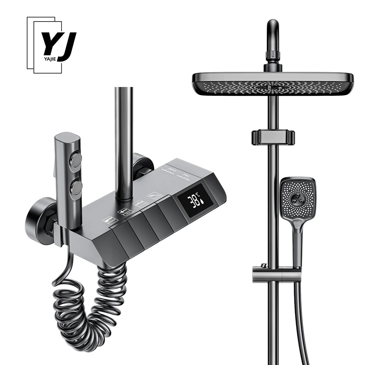 Black Bathroom Shower Faucet Set 4 Functions Digital Display Shower Thermostat Gray Black High Pressure Discharge Copper Taps