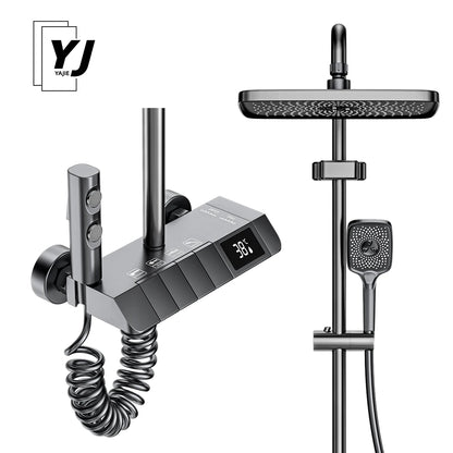 Black Bathroom Shower Faucet Set 4 Functions Digital Display Shower Thermostat Gray Black High Pressure Discharge Copper Taps