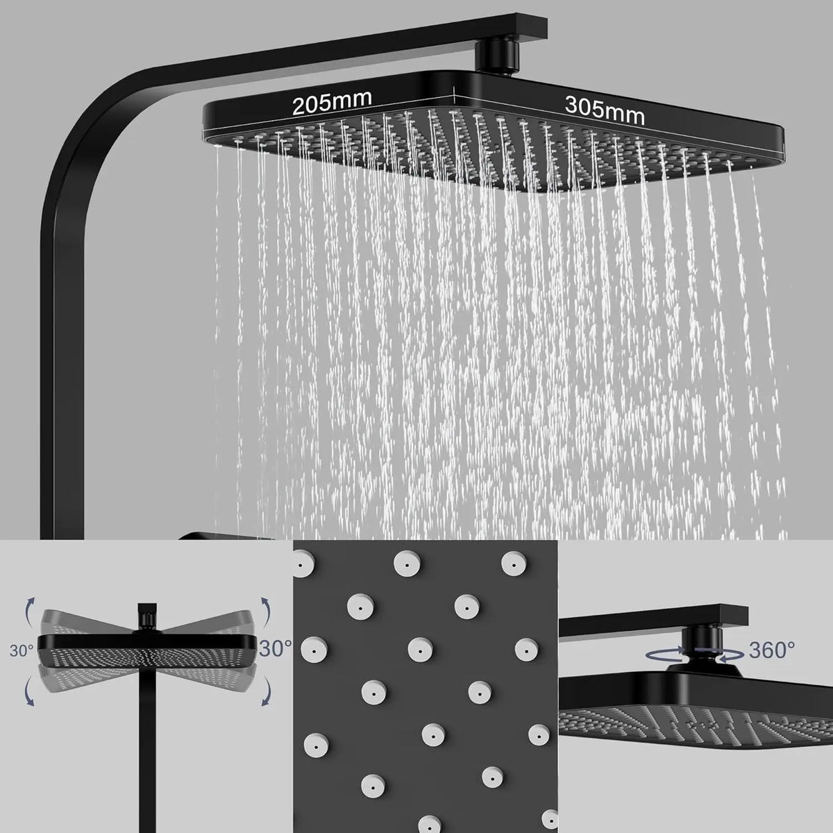 Rain Shower Set Without Taps, Stainless Steel Bathroom Shower System Adjustable Column with Shelf/Square Shower Head 25x25cm
