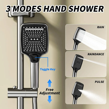 Black Bathroom Faucet Set with Rainfall Shower Head, Handheld Shower, Shower Spray Gun & Bathtub Faucet, Brushed Nickel Finish