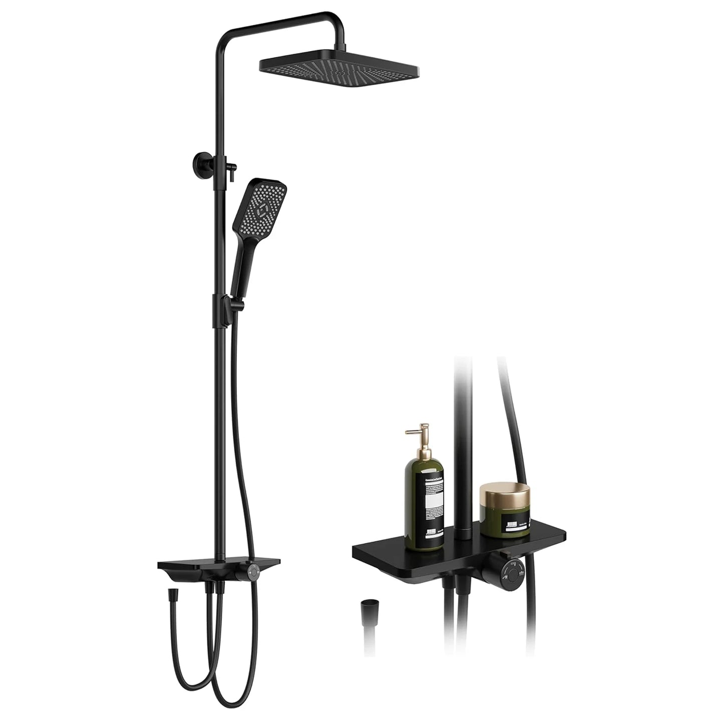 Rain Shower Set Without Taps, Stainless Steel Bathroom Shower System Adjustable Column with Shelf/Square Shower Head 25x25cm