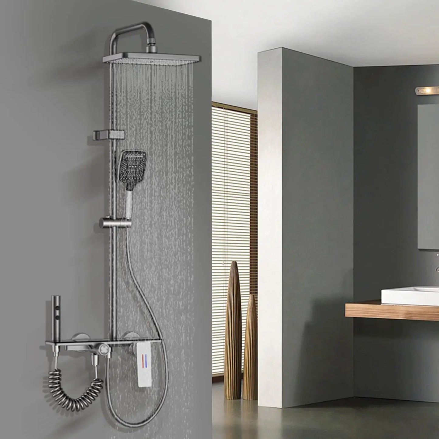 Black Bathroom Faucet Set with Rainfall Shower Head, Handheld Shower, Shower Spray Gun & Bathtub Faucet, Brushed Nickel Finish