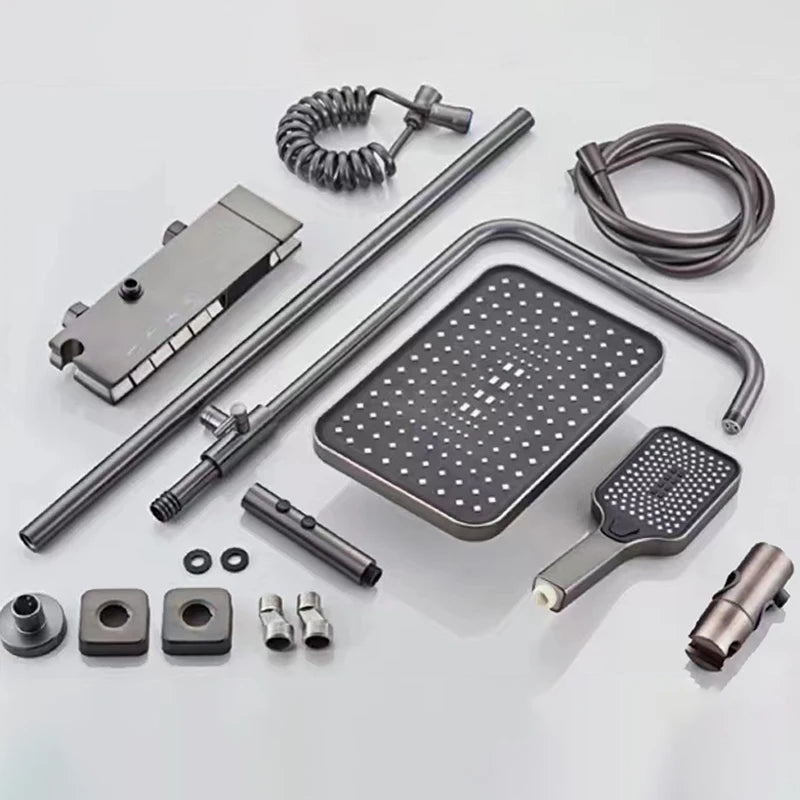 LED Light Shower Head Set Brass Mirror Thermostatic Bathtub Faucet  Electronic Display Hot & Cold Shower