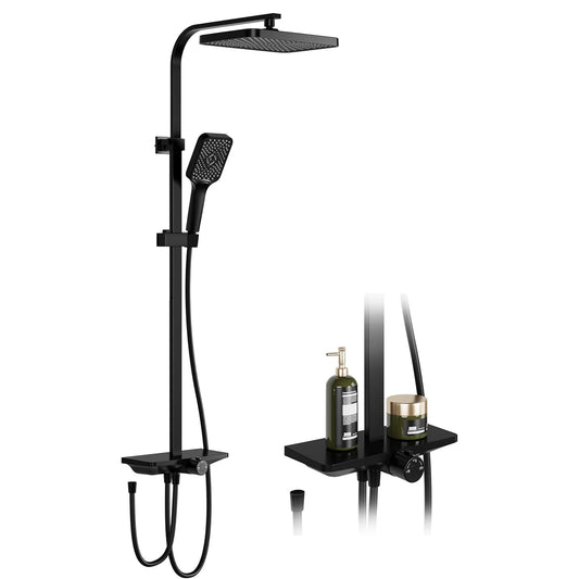 Rain Shower Set Without Taps, Stainless Steel Bathroom Shower System Adjustable Column with Shelf/Square Shower Head 25x25cm