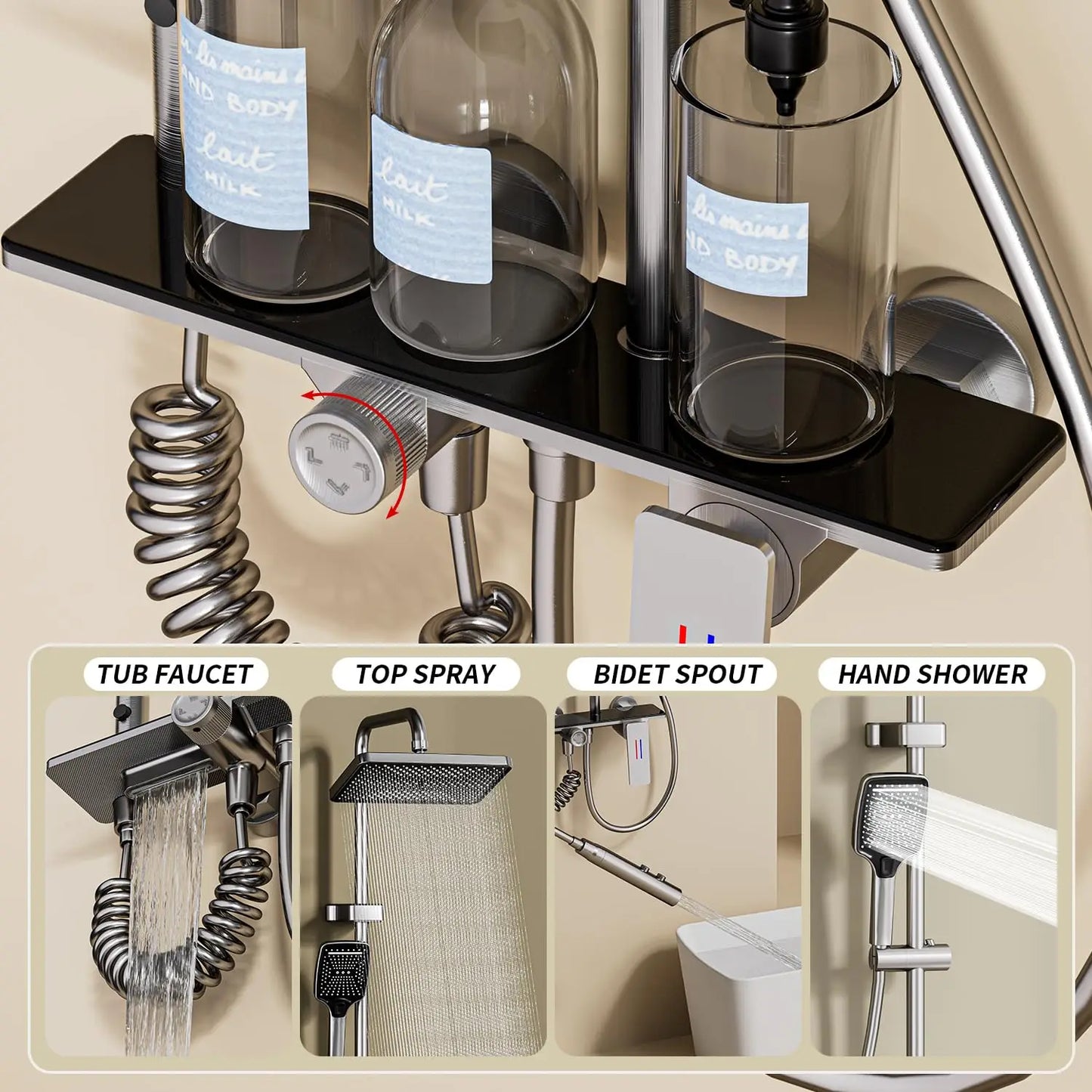 Black Bathroom Faucet Set with Rainfall Shower Head, Handheld Shower, Shower Spray Gun & Bathtub Faucet, Brushed Nickel Finish