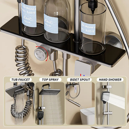 Black Bathroom Faucet Set with Rainfall Shower Head, Handheld Shower, Shower Spray Gun & Bathtub Faucet, Brushed Nickel Finish
