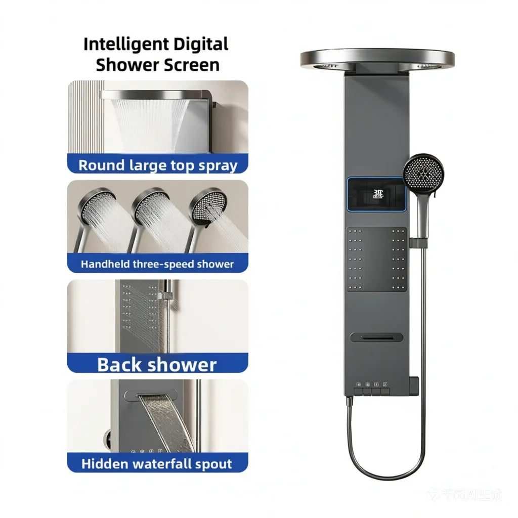 LED Shower Panel System Wall Mounted Rain & Waterfall Set Digital Display Piano Keys Multifunctional Bathroom Faucet