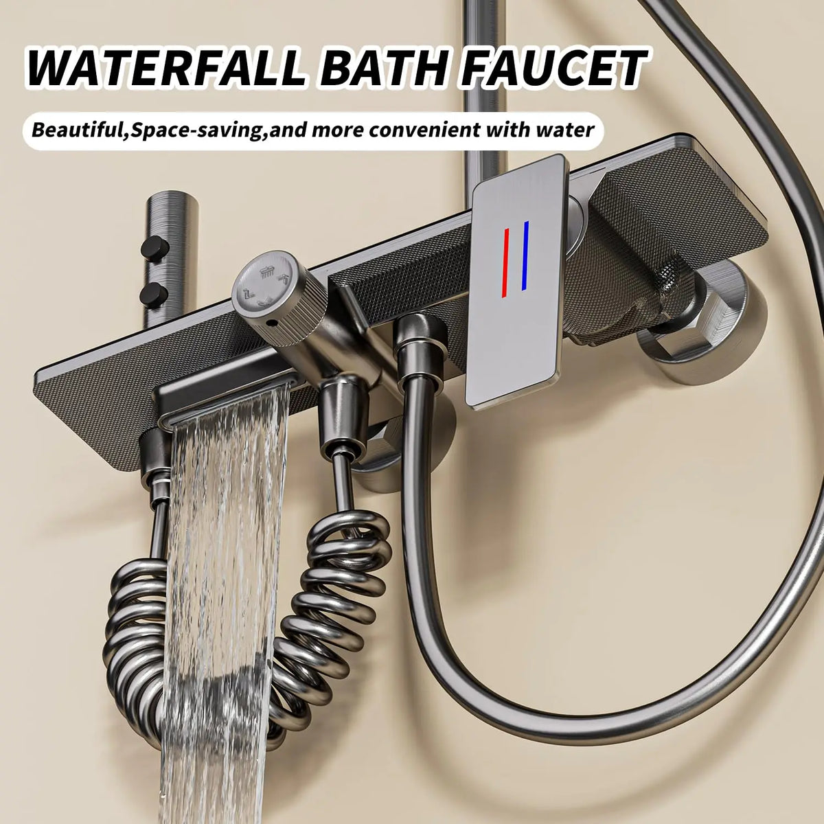 Black Bathroom Faucet Set with Rainfall Shower Head, Handheld Shower, Shower Spray Gun & Bathtub Faucet, Brushed Nickel Finish