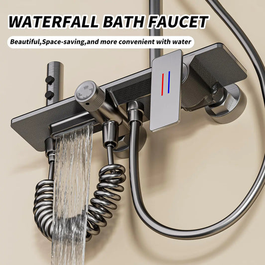 Black Bathroom Faucet Set with Rainfall Shower Head, Handheld Shower, Shower Spray Gun & Bathtub Faucet, Brushed Nickel Finish