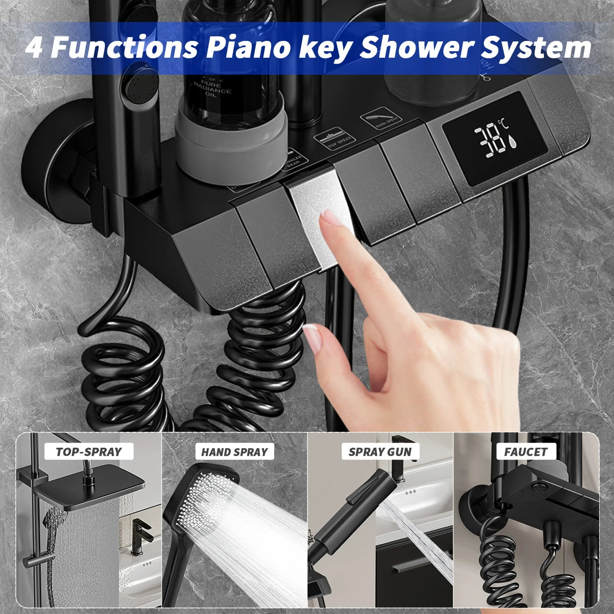 Black Bathroom Shower Faucet Set 4 Functions Digital Display Shower Thermostat Gray Black High Pressure Discharge Copper Taps
