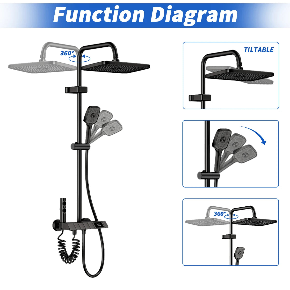 Black Bathroom Shower Faucet Set 4 Functions Digital Display Shower Thermostat Gray Black High Pressure Discharge Copper Taps