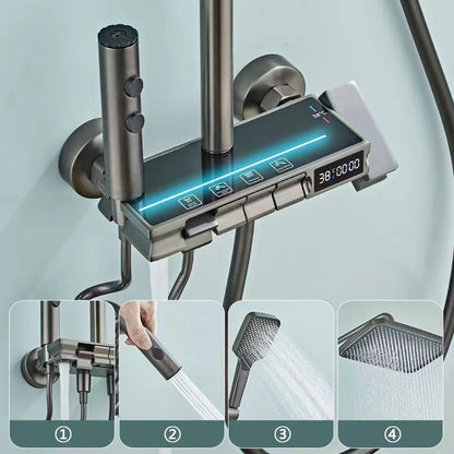 LED Light Shower Head Set Brass Mirror Thermostatic Bathtub Faucet  Electronic Display Hot & Cold Shower