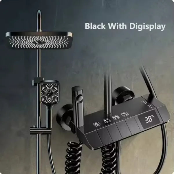 Black Bathroom Shower Faucet Set 4 Functions Digital Display Shower Thermostat Gray Black High Pressure Discharge Copper Taps