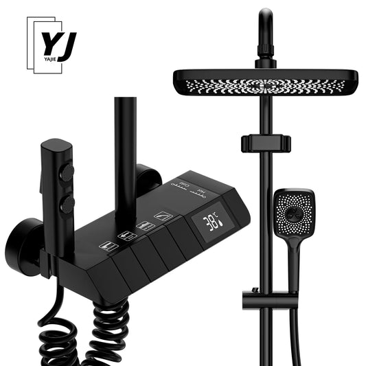 Black Bathroom Shower Faucet Set 4 Functions Digital Display Shower Thermostat Gray Black High Pressure Discharge Copper Taps