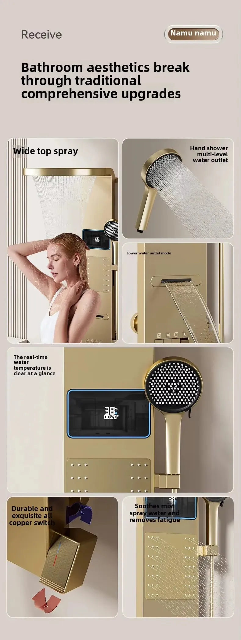 LED Shower Panel System Wall Mounted Rain & Waterfall Set Digital Display Piano Keys Multifunctional Bathroom Faucet