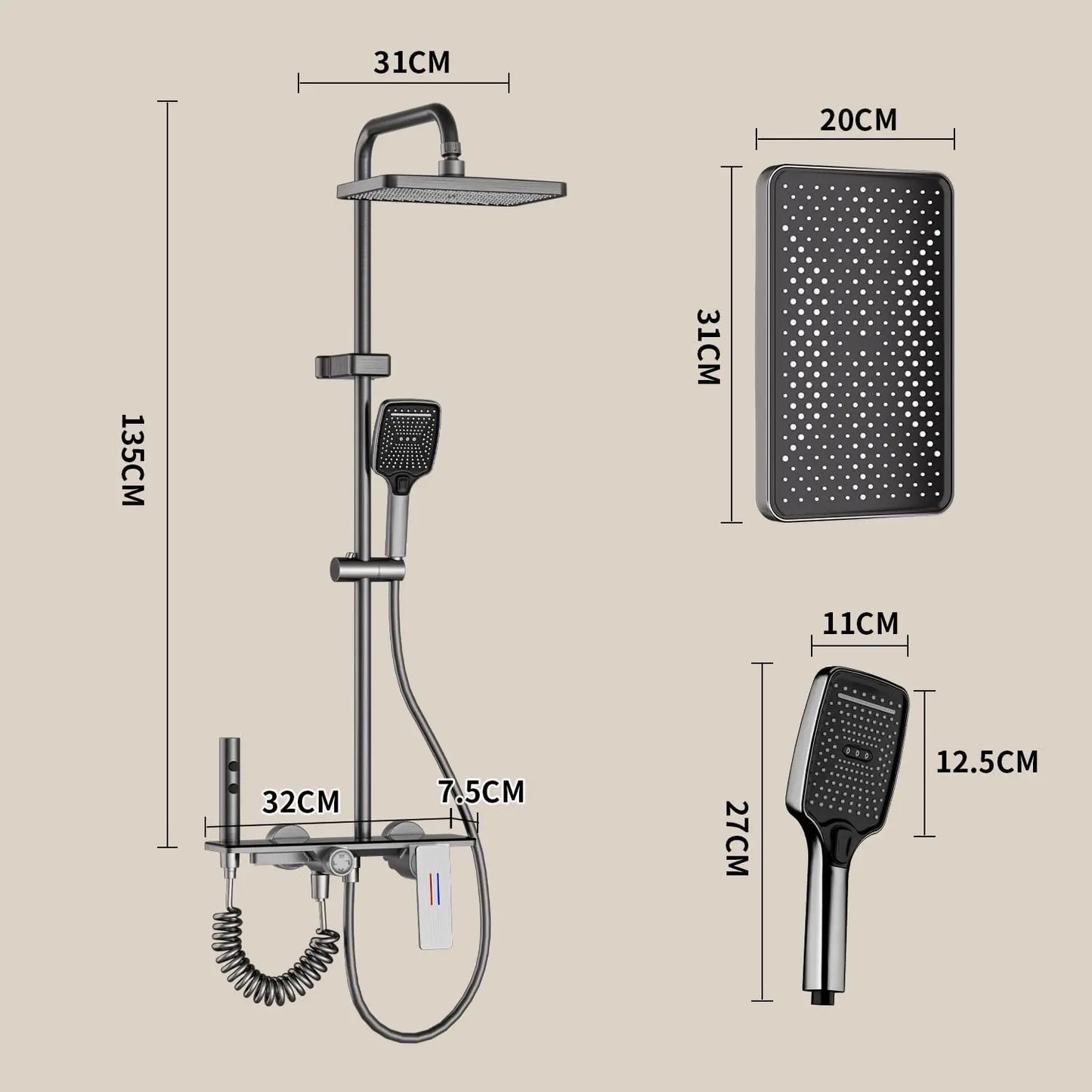 Black Bathroom Faucet Set with Rainfall Shower Head, Handheld Shower, Shower Spray Gun & Bathtub Faucet, Brushed Nickel Finish