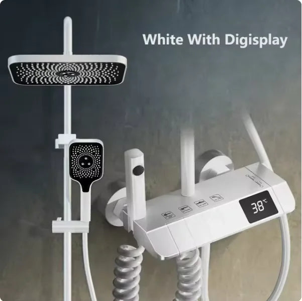 Black Bathroom Shower Faucet Set 4 Functions Digital Display Shower Thermostat Gray Black High Pressure Discharge Copper Taps
