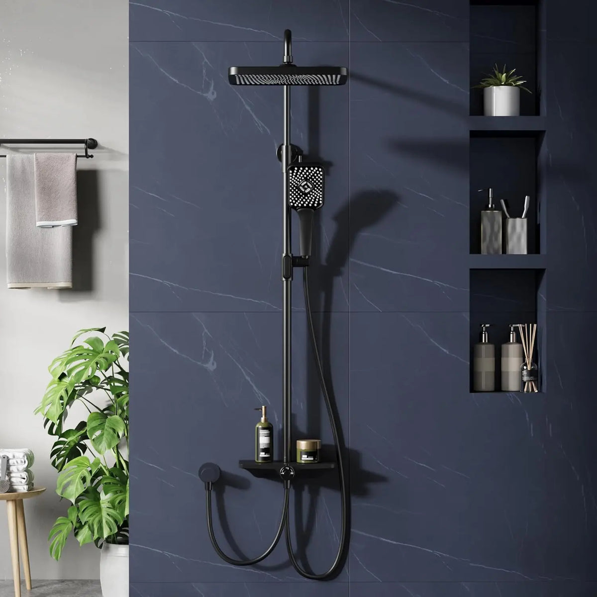 Rain Shower Set Without Taps, Stainless Steel Bathroom Shower System Adjustable Column with Shelf/Square Shower Head 25x25cm