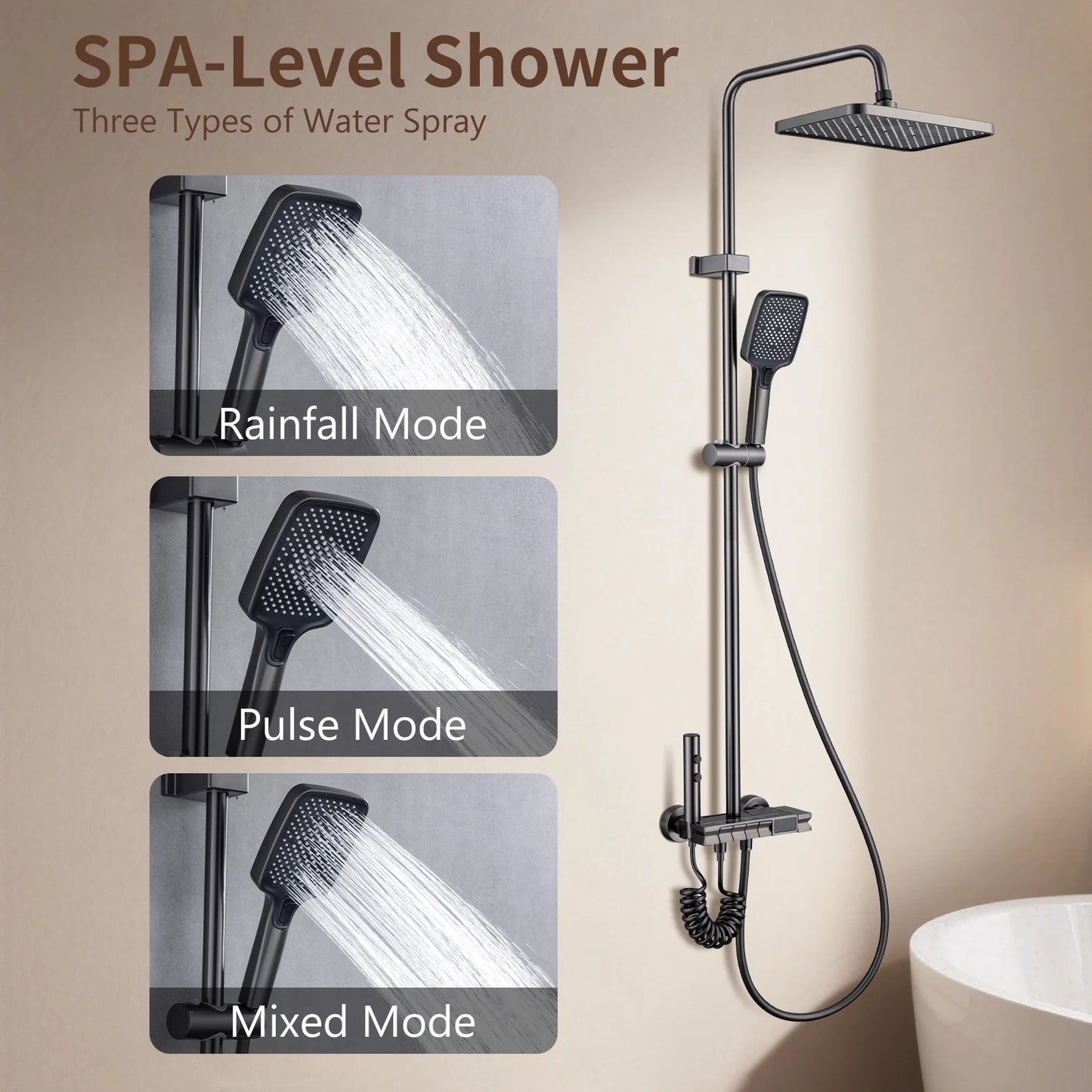 LED Light Shower Head Set Brass Mirror Thermostatic Bathtub Faucet  Electronic Display Hot & Cold Shower