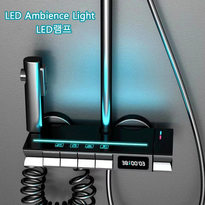 LED Light Shower Head Set Brass Mirror Thermostatic Bathtub Faucet  Electronic Display Hot & Cold Shower
